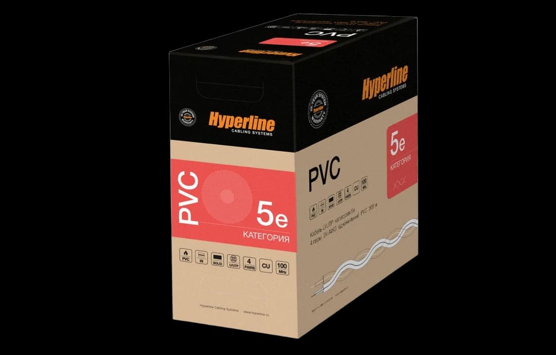 41903 Hyperline UUTP4-C5E-S24-IN-PVC-GY-305 (305 м) Кабель витая пара, неэкранированная U/UTP, категория 5e, 4 пары (24 AWG), одножильный (solid), PVC