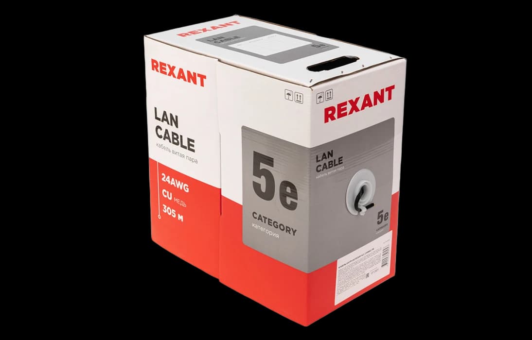 01-0045 REXANT Кабель витая пара U/UTP, CAT 5e, PE, 4PR, 24AWG, OUTDOOR, SOLID, черный, 305м