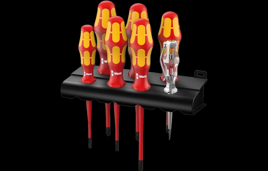 WE-006480	160 iS/7 Rack VDE Набор диэлектрических отвёрток с узким концом + пробник + подставка, 7 пр., PH 1/2, PZ/S # 2, SL 3.5/4.0/5.5