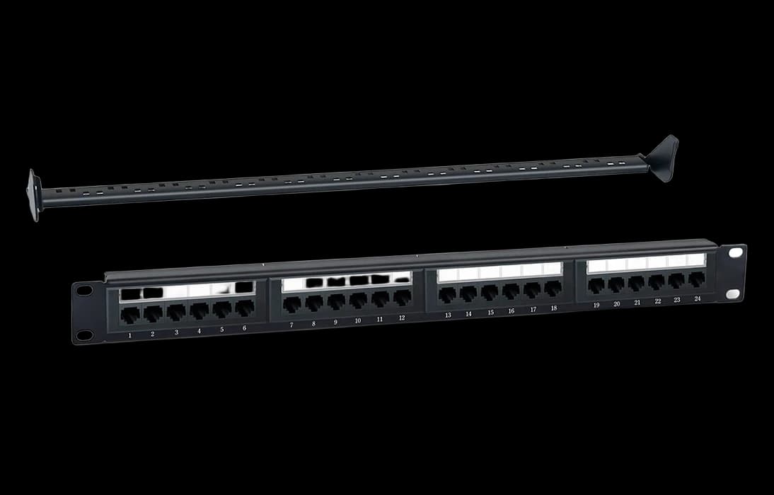 WRline WR-PL-24-C5E-D Патч-панель 19" (1U), 24 порта RJ-45, категория 5e, Dual IDC, с задним кабельным организатором, цвет черный