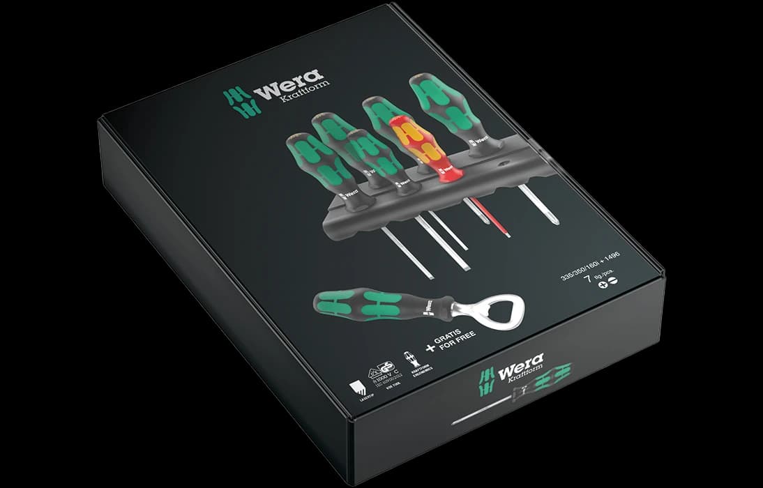 WE-203775	Промо-набор: 350/335/160i/7 Набор отвёрток + подставка + открывалка, 7 пр., PH 1-2, SL 3-4-5.5, SL VDE 2.5