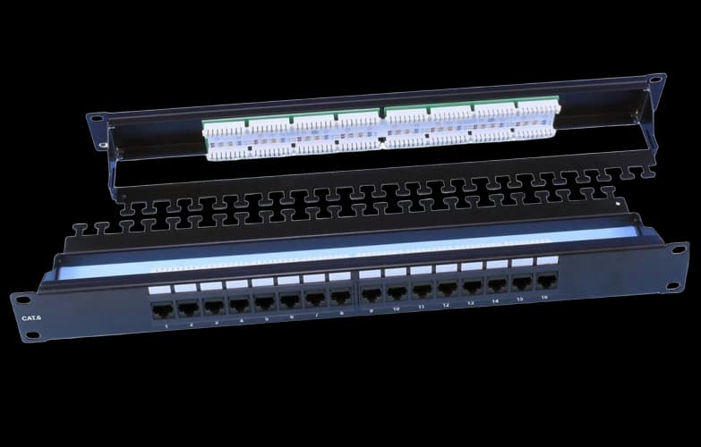 246105 Hyperline PP3-19-16-8P8C-C6-110D Патч-панель 19", 1U, 16 портов RJ-45, категория 6, Dual IDC, ROHS, цвет черный (задний кабельный организатор в