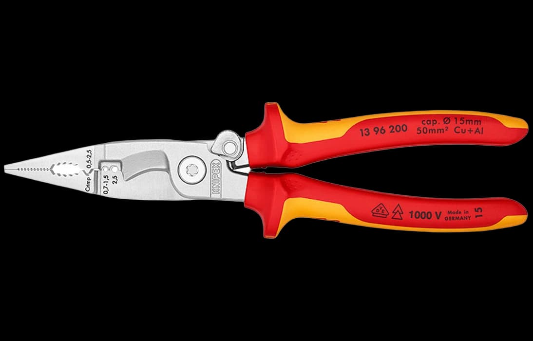 KN-1396200	Клещи электромонтажные VDE, 6-в-1, 200 мм, защёлка-"собачка", хром, 2-комп диэлектрические ручки