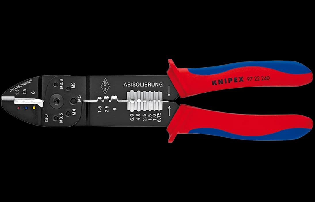 KN-9722240	Пресс-клещи, 3 гнезда, изол. кабельные наконечники и соединители 0.5-6.0 мм², неизол. открытые штекеры 6.3 мм: 0.5-2.5 мм², 240 мм